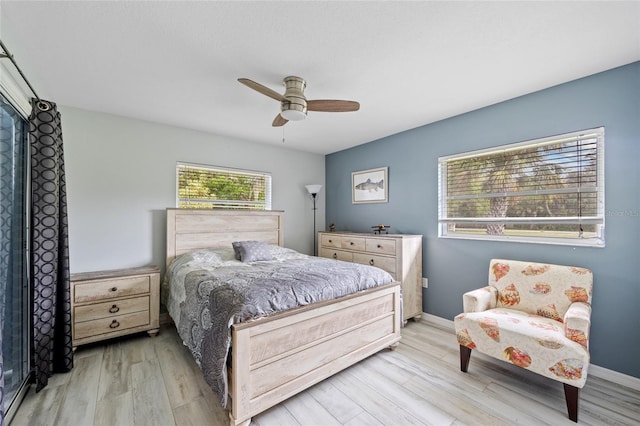 bedroom with ceiling fan and light wood-type flooring