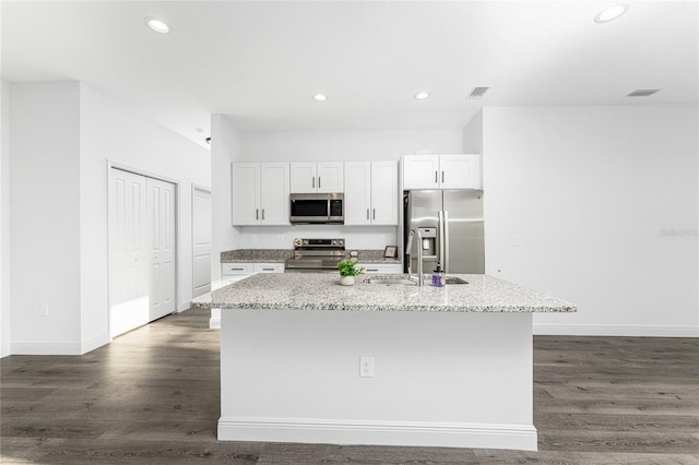 kitchen featuring sink, white cabinets, a center island with sink, and stainless steel appliances