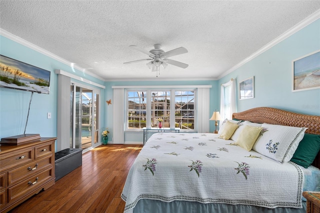 bedroom featuring access to outside, crown molding, ceiling fan, a textured ceiling, and dark hardwood / wood-style flooring