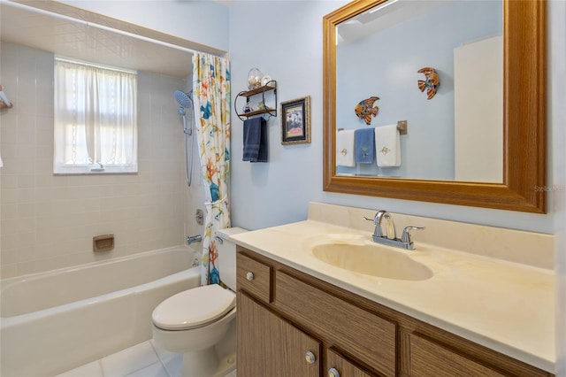 full bathroom with shower / bathtub combination with curtain, tile patterned flooring, vanity, and toilet