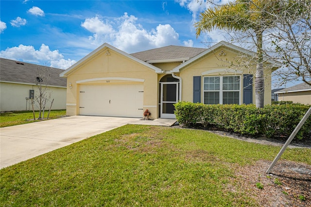 ranch-style home with a garage and a front yard