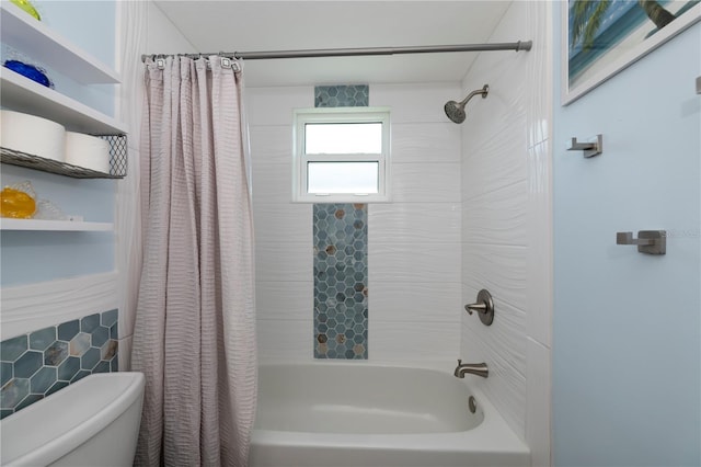 full bathroom with shower / bath combination with curtain and toilet