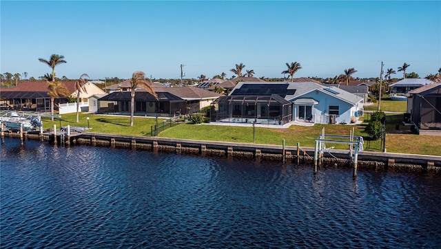 exterior space with a residential view, a boat dock, and boat lift