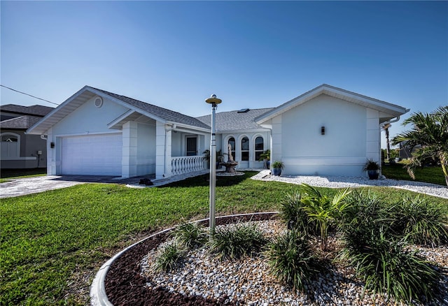 single story home with a garage, a shingled roof, concrete driveway, a front lawn, and stucco siding