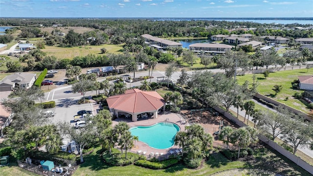 bird's eye view with a water view