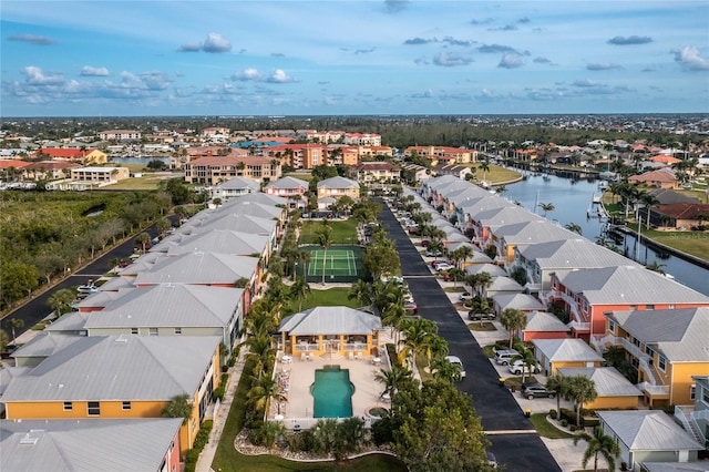 aerial view featuring a water view