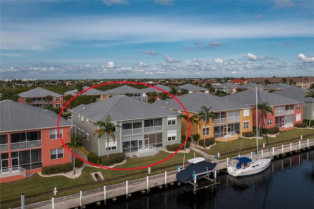 aerial view featuring a water view