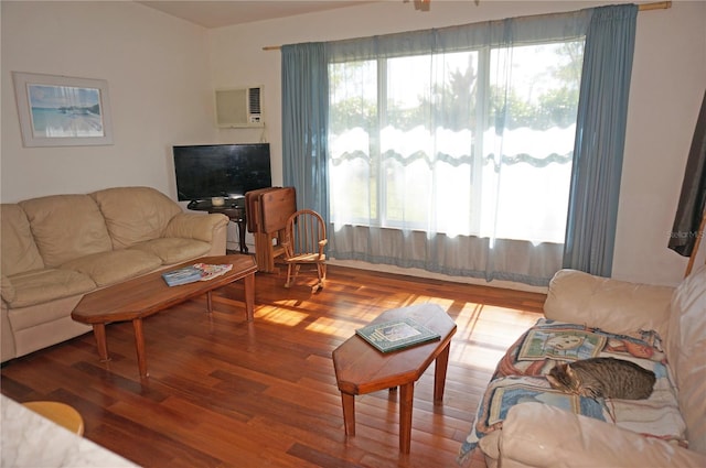 living room featuring a healthy amount of sunlight, a wall mounted air conditioner, and hardwood / wood-style flooring