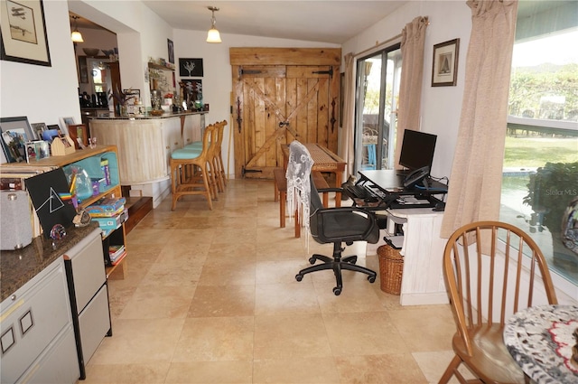 home office with vaulted ceiling