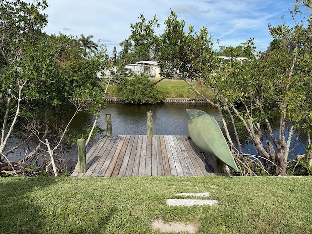 dock area with a water view and a yard