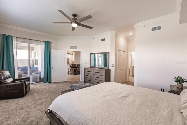 bedroom with carpet floors, access to outside, ceiling fan, and crown molding