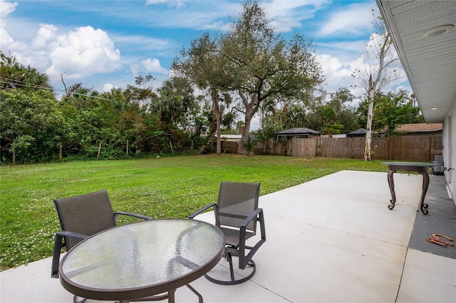 view of patio with a fenced backyard and outdoor dining space
