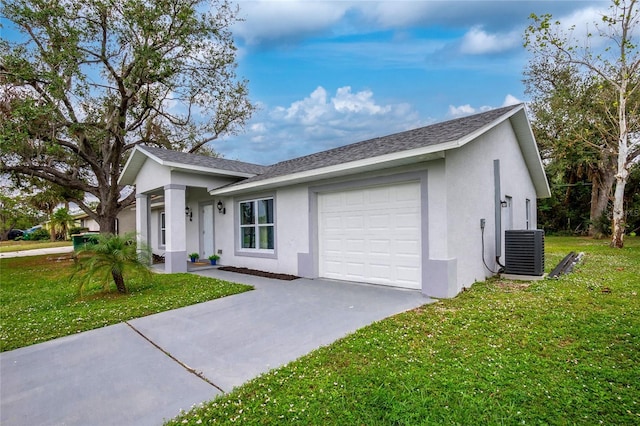 ranch-style house featuring a garage, central AC unit, stucco siding, and concrete driveway