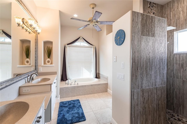 bathroom with ceiling fan, tile patterned floors, vanity, and independent shower and bath