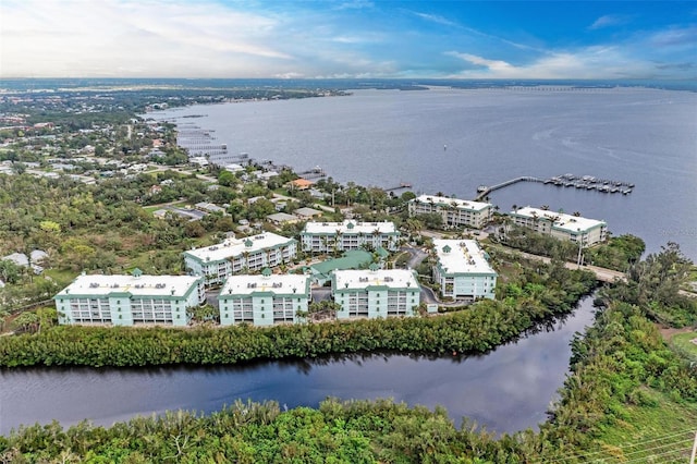 drone / aerial view with a water view