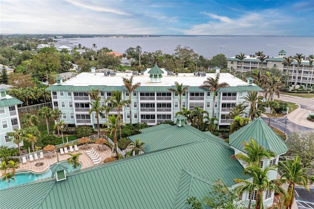 drone / aerial view with a water view