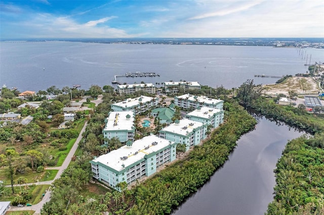 drone / aerial view with a water view