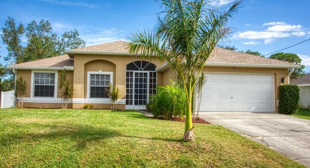 view of front of house featuring a front yard and a garage