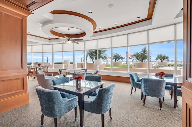 interior space with a raised ceiling and ceiling fan