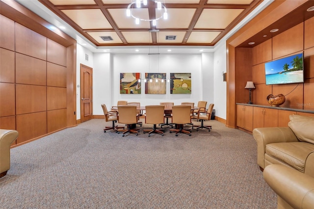 dining room featuring beamed ceiling, ornamental molding, light colored carpet, and coffered ceiling