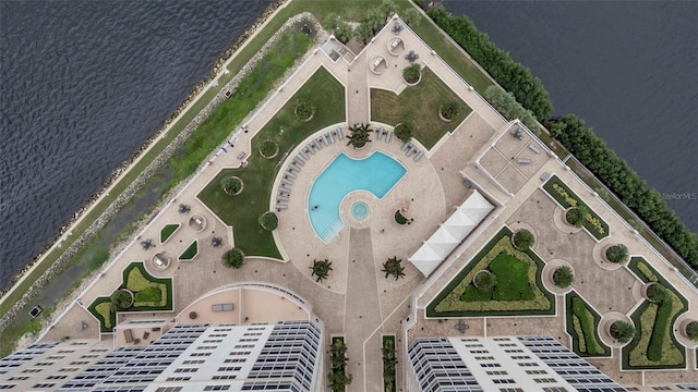 aerial view featuring a water view