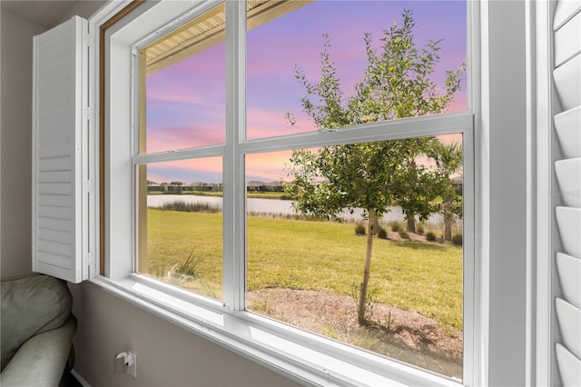 interior details with a water view