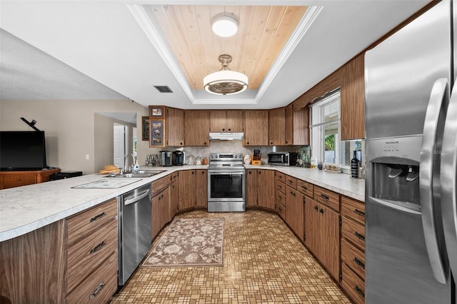 kitchen featuring sink, backsplash, stainless steel appliances, ornamental molding, and a raised ceiling