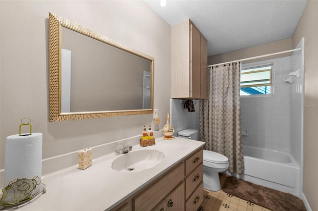 full bathroom featuring vanity, toilet, a textured ceiling, and shower / bath combo with shower curtain