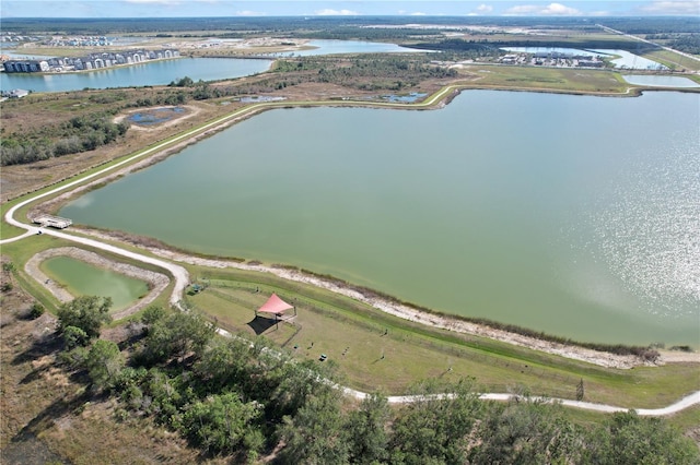 drone / aerial view with a water view