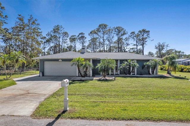 ranch-style house featuring a front yard and a garage