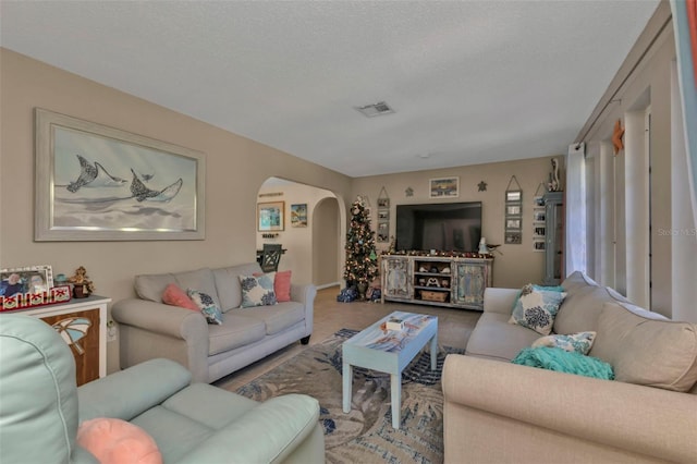 living room featuring a textured ceiling