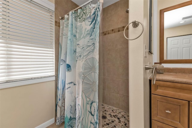 bathroom with curtained shower