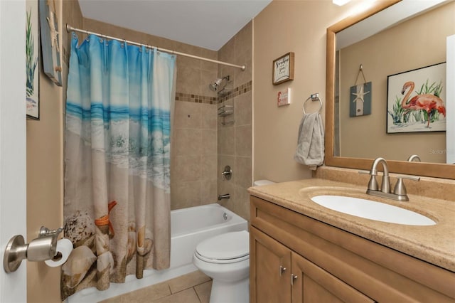 full bathroom featuring tile patterned floors, vanity, toilet, and shower / tub combo with curtain