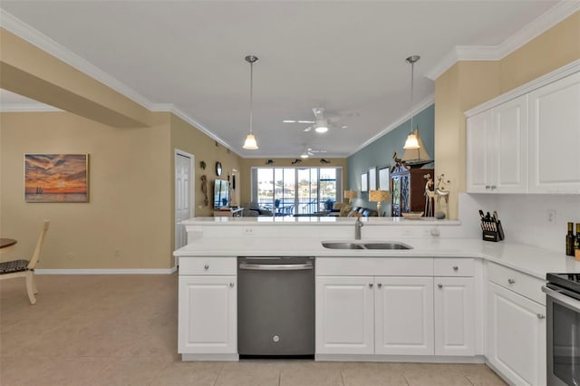 kitchen with ornamental molding, stainless steel appliances, ceiling fan, sink, and white cabinetry