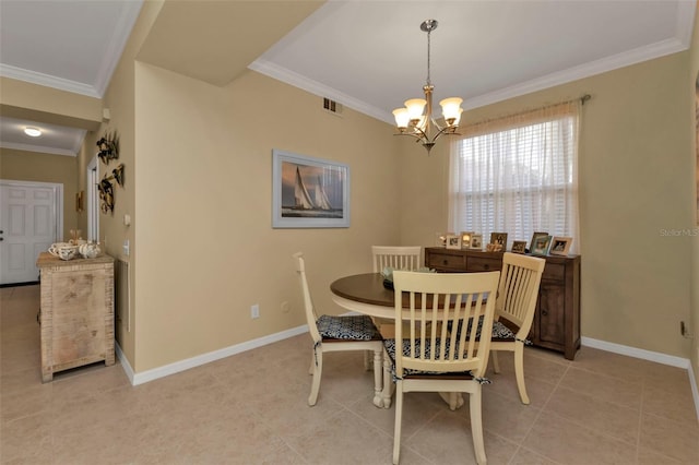 dining room with crown molding, light tile patterned floors, and a chandelier