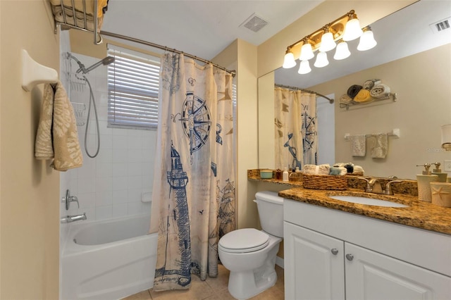 full bathroom with toilet, tile patterned flooring, vanity, and shower / tub combo with curtain