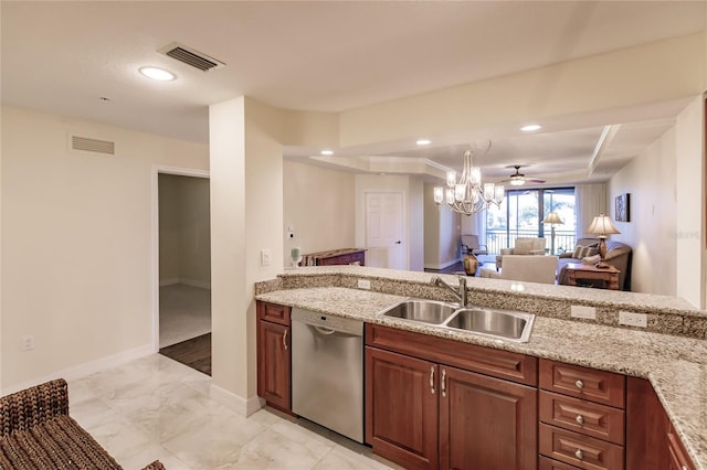 kitchen featuring stainless steel dishwasher, ceiling fan with notable chandelier, light stone counters, and sink