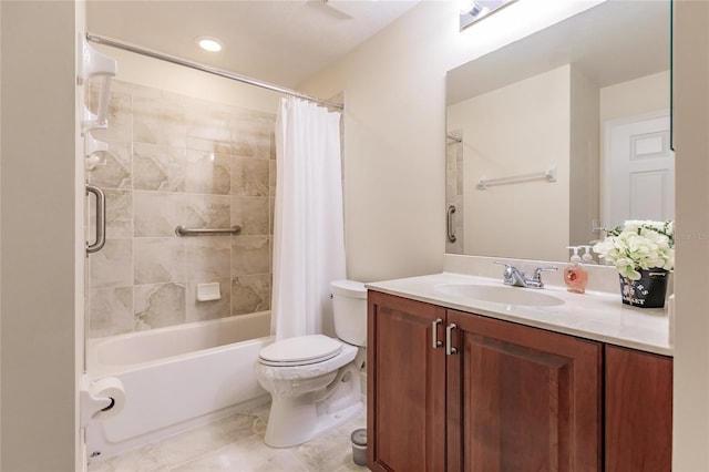 full bathroom featuring shower / bath combo, vanity, toilet, and tile patterned floors