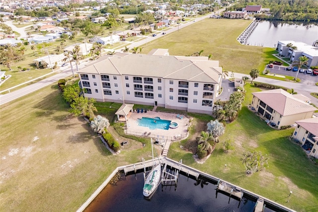 bird's eye view with a water view