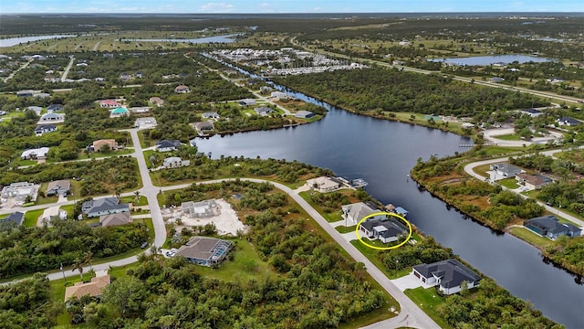 drone / aerial view featuring a water view