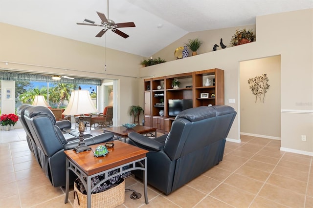 tiled living room featuring ceiling fan and high vaulted ceiling