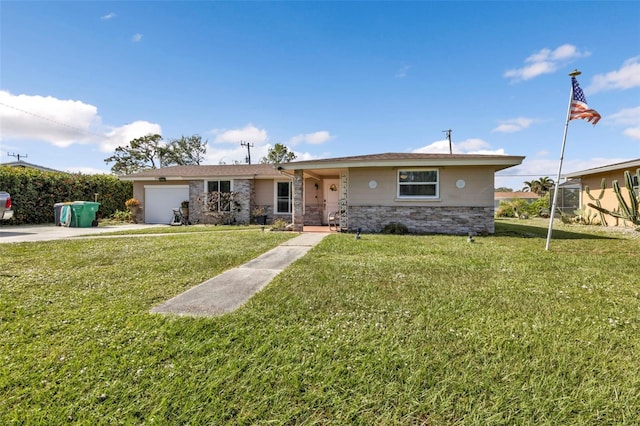 ranch-style house with a garage and a front lawn