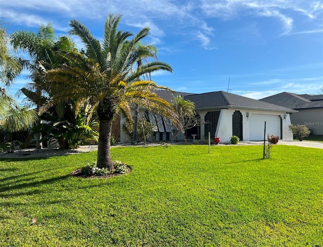 view of front of property featuring a garage and a front lawn