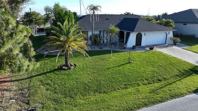 ranch-style home with a front lawn and a garage