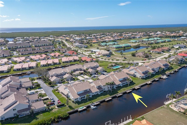 drone / aerial view featuring a water view