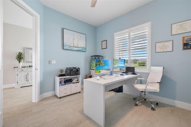 office area featuring ceiling fan and light hardwood / wood-style floors