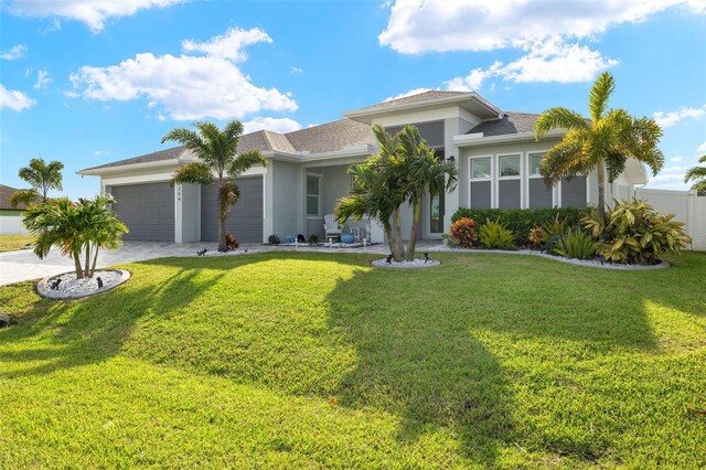 view of front of property featuring a garage and a front yard