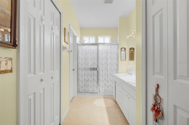 bathroom featuring tile patterned floors, vanity, and walk in shower