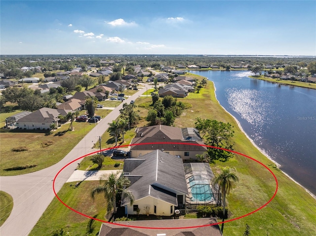 aerial view featuring a water view