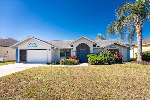 single story home with a front lawn and a garage